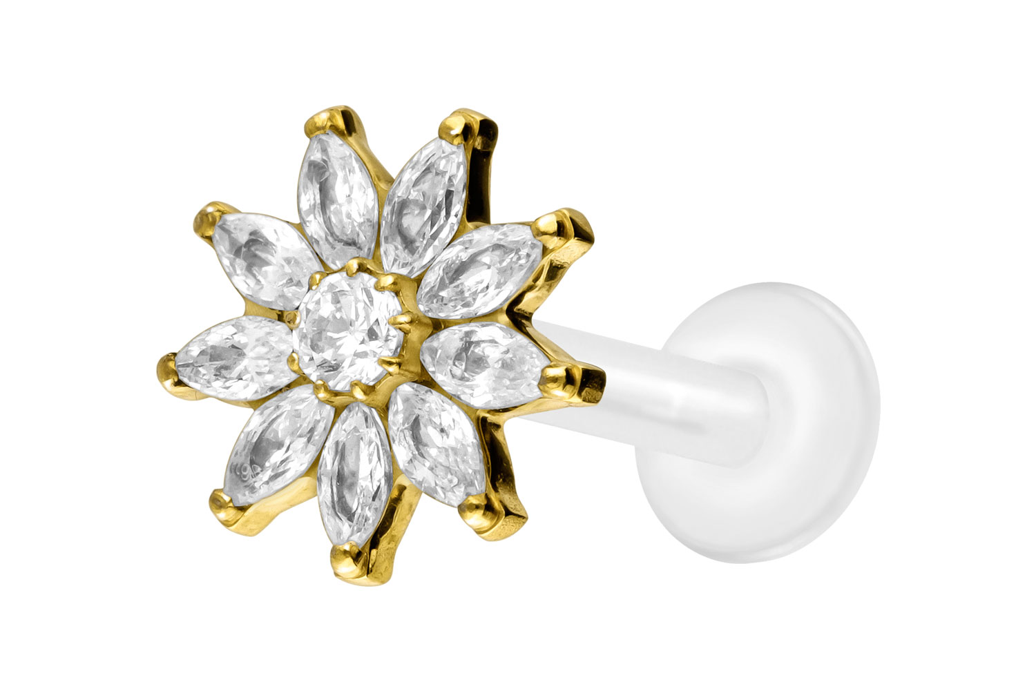 PTFE Labret Piercing mit Innengewinde + Titan-Aufsatz KRISTALLBLUME